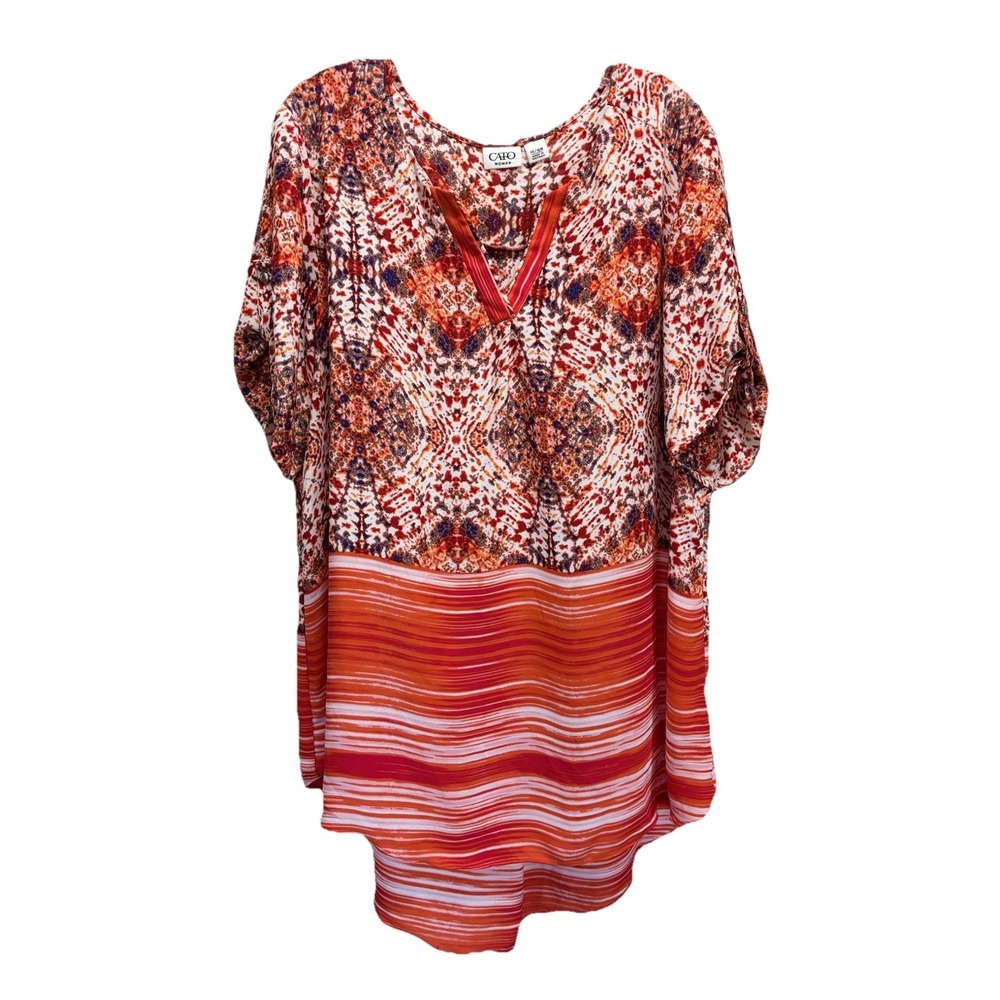 Cato Woman Orange/White Tie Dye Chiffon Size 14/16W Short Tab Sleeve Blouse